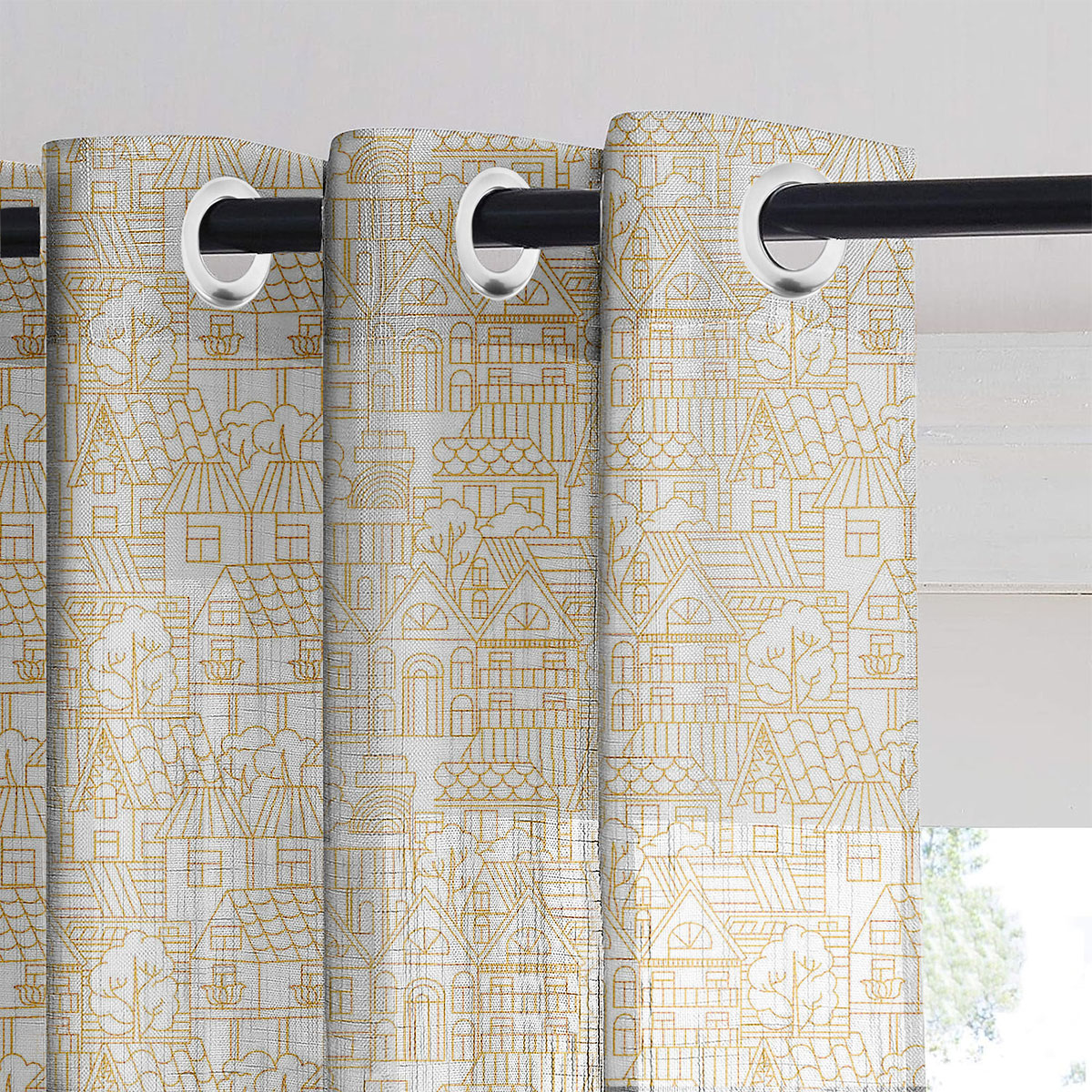 Golden Townscape Sheer Curtain